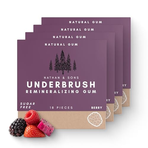 Underbrush Berry Remineralizing Natural Gum, Sugar Free Xylitol Gum with Hydroxyapatite, Supports Fresh Breath and Oral Health, Tree Sap Base, Gluten Free, No Sucralose or Aspartame, 4 Pack