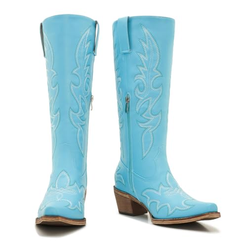 Image of Uillnoodu Wide Calf Cowboy Boots Women Adjustable Lace Up Knee High Tall Plus Size Cowgirl Boots Western Style Comfortable 2-Inch Heel