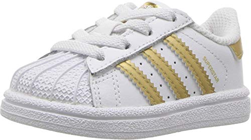 adidas Originals Kids Superstar Sneaker, White/Gold Metallic/Blue, 8 US Unisex Toddler