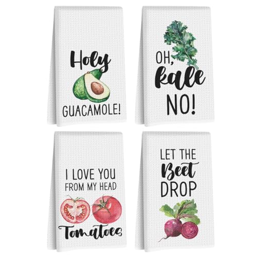 Image of 4Pcs Funny Vegetable Kitchen Towels 24x14 Inch, Tomato Avocado Carrot Decor Microfiber Reusable Tea Towels for Bathroom Farmhouse, Durable Waffle Dish Drying Towel, Housewarming Gifts for Women Mom