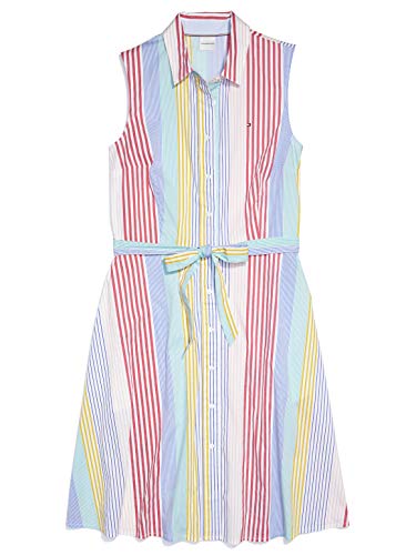 Tommy Hilfiger Women's Adaptive Striped Tie Waist Sleeveless Shirtdress with Hidden Magnetic Closure, Bright White/Multi, XXL