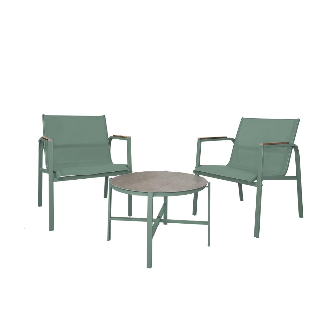Acomoda Textil – Conjunto Jardín de 2 Sillones + Mesa de Acero Resistente, Decorativo y Ligero. Asiento para Exterior en Patio, Balcón y Terraza de Fácil Instalación. (Verde, 3 Piezas)