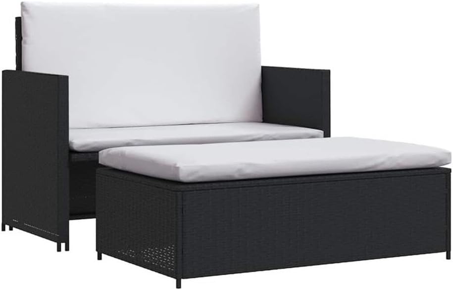 Pemberly Row Outdoor Furniture Set, Powder-Coated Steel Frame, Black Finish, Poly Rattan Material, Includes 2-Seater Sofa, Convertible Design with Cushions for Patio or Garden
