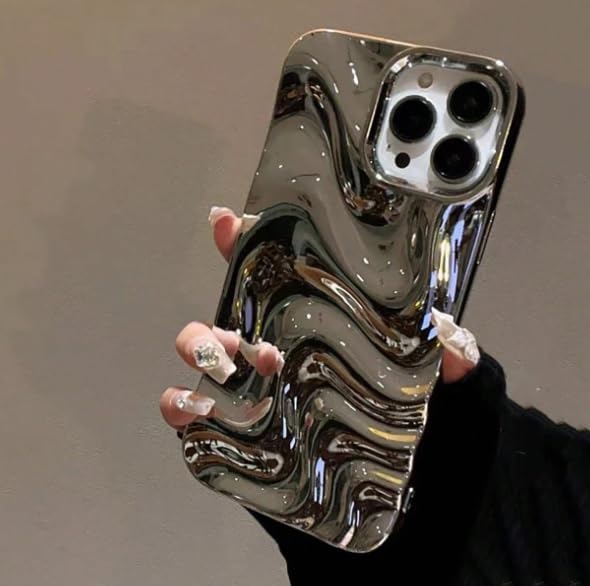 Image of COVERLY Metallic Silver Swirl Back Case for iPhone 14 Plus | Hot Minimalist Faux Wave Cute Design | Camera Lens Protection | Soft Silicone Fashion Aesthetic Cover for Girls & Women (Silver,Shockproof)