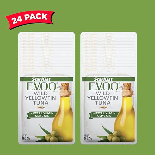 Image of StarKist E.V.O.O. Yellowfin Tuna, Extra Virgin Olive Oil, 2.6oz, 24-Pack | 18g of Protein Per Serving, Features Extra Virgin Olive Oil, Wild Caught Tuna, Gluten Free, Soy Free, Omega 3s
