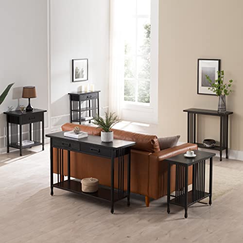 Image of Leick Home 11205-BK Ironcraft Rustic Narrow Chairside Table with Shelf, Black Wash