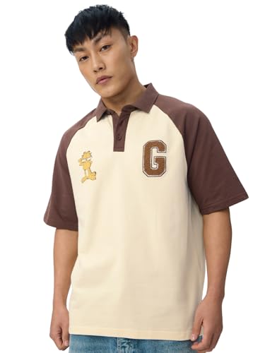 Image of The Souled Store Colourblock Polo: Garfield Men and Boys Short Sleeves Collared Neck Beige and Brown Embroidered Cotton Oversized Polos