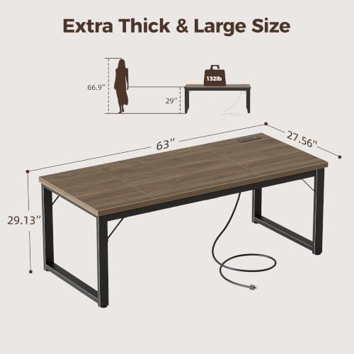 Image of Mericonia 63x28 Inch Computer Desk w /Power Outlets, 1.2 inch Thick Office Table | Modern Simple Style, Heavy Duty Industrial Frame, Large Study & Writing Table for Home Bedroom Work, Walnut