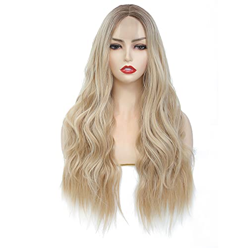 Long Wavy Blonde Wig Brown/Blonde Ombre Wig 26inch Middle Part Wig Synthetic Wig for Women (brown/blonde)