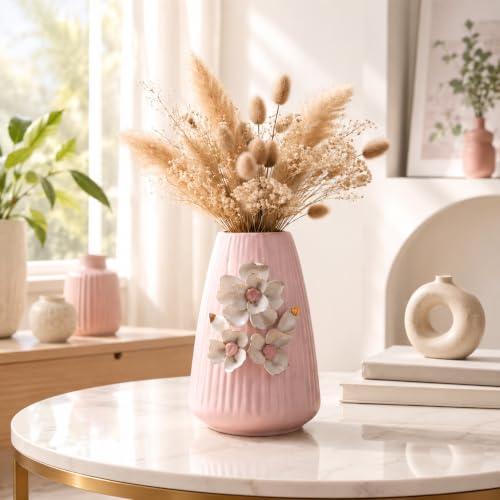 Image of MARKET 99 Ceramic Flower Vase (Pink) | Engraved Ribbed Floral Pattern | Decorative Floral Vase for Fresh & Artificial Flowers | Elegant Home, Living Room & Office Table Decor