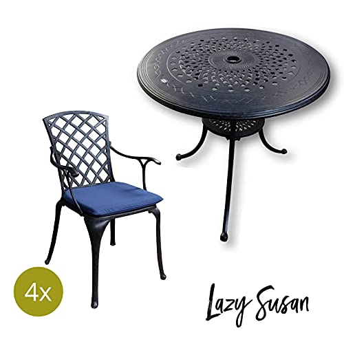 Lazy Susan 80 cm Runder Anna Gartentisch in Antik Bronze mit 4 Emma Stühlen und Blaue Sitzkissen | Nachhaltiges Sandguss… – Bild 7