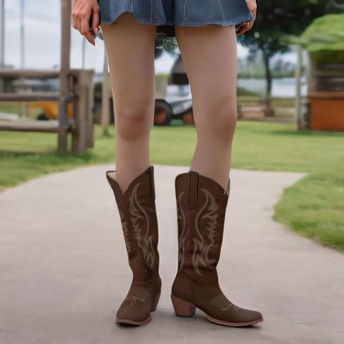 Image of KaroNairy Women Cowboy Boots Faux Suede Embroidered Pointed Thick Heeled Western Wide Calf Cowgirl Ponited Toe Mid Calf Boots
