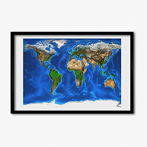 Tableau moderne 60x40 cm peinture carte du monde et cadre photo bois