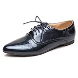  LarDorLin Cuir Verni Oxford Derby Femme Pointu Lacets Chaussures Travail Plates Chaussures Bureau Brogue Comfy Bureau Formal Pumps Bleu Taille 39 EU (40 CN)