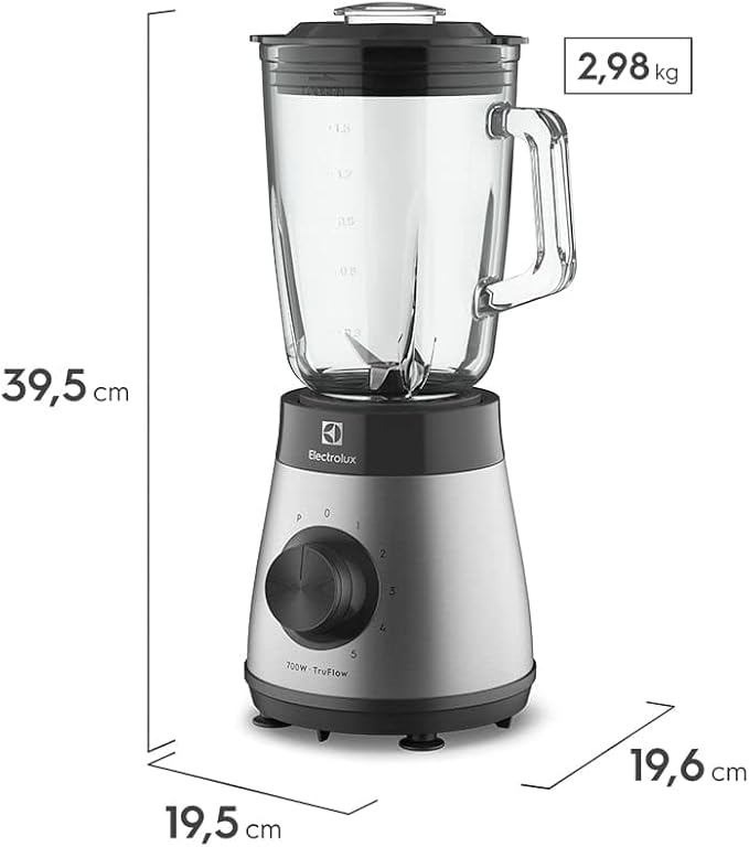 Visão lateral do liquidificador Electrolux EBS30 mostrando as dimensões de 39,5cm de altura e peso de 2,98kg