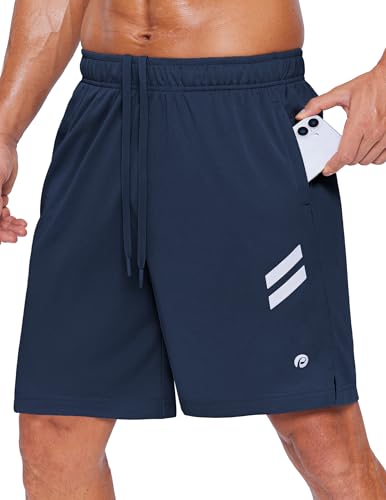 PINSPARK Men's Athletic Running Shorts Quick Dry Lightweight Gym Shorts 7 Inch Workout Shorts with Zipper Pockets Navy Blue
