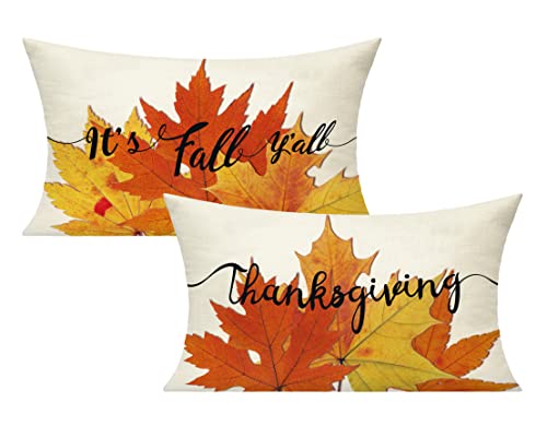 All Smiles Thanksgiving 12x20 Lumbar Throw Pillow Covers Set of 2 Fall Cushions Cases Decorations Outdoor Autumn Maple Leaves Orange Decorative Kitchen Home Decor Cushion for Sofa Porch Couch