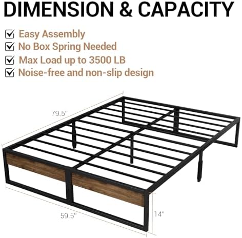 Queen Bed Frame, 14 Inch Queen Size Metal Platform Bed with Rustic Wood, 2000 lbs Capacity, Metal Bed Frame No Box Spring Needed with Underbed Storage Space - Easy Assembly and Noise Free — view 2