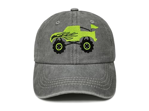 Shenbors Embroidered Monster Truck Hats for Boys Girl Childrens Washed Gray Adjustable Baseball Cap Dad Hat for Kids Child