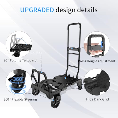 Carretilla plegable 2 en 1 con capacidad 330 lb y ruedas miniatura 4