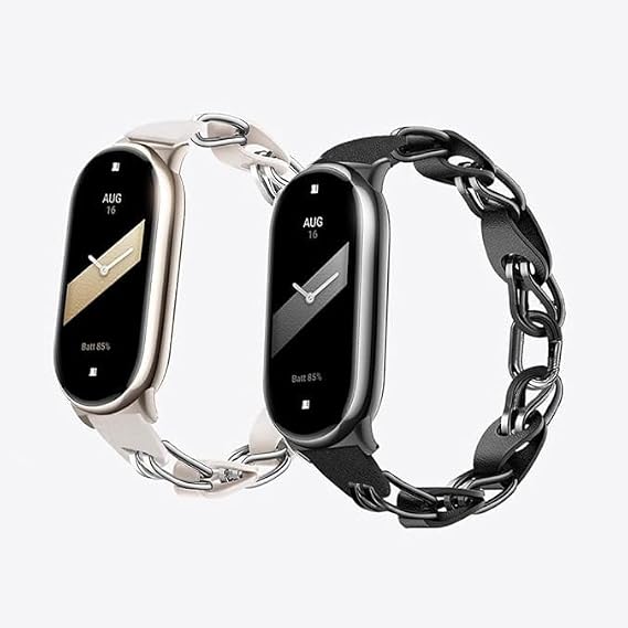 PINHEN ステンレススチール製ストラップ Xiaomi Mi Band 8/9/10対応 レザーブレスレットリングチェーンベルト 通気性 エレガント レディース Xiaomi Mi Band 10/9/8用交換用リストバンド