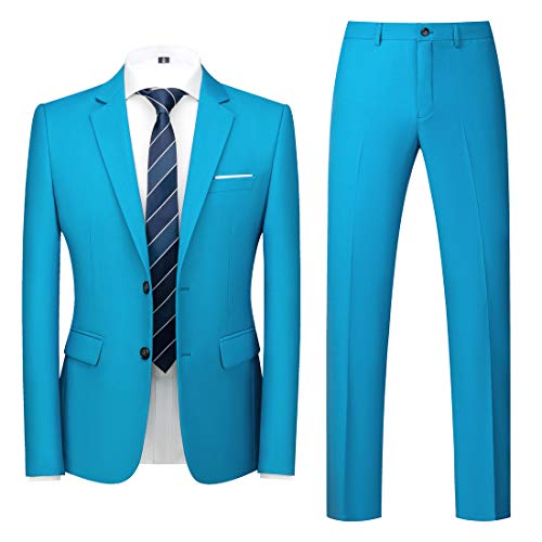 MOGU Mens Slim Fit Suit 2 Piece Tuxedo for Daily Business Wedding Party (Suit Jacket + Pants) US Size Blazer 36 Pants 32 Turquoise
