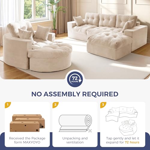 Image of MAXYOYO L Shape Sectional Sofa Couch and Round Chaise Lounge, Modern Cloud Couch with Ottoman, Comfy Sofa with Layered Cushion, Tufted Upholstered Sleeper Chair for Living Room, No Assembly Required