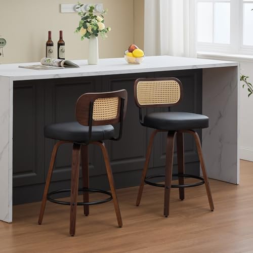 Image of YaFiti Swivel Bar Stools Set of 4, 26 inch Rattan Counter Height Bar Stools, Swivel Counter Stools with Cane Back & Upholstered Seat for Island /Kitchen /Counter /Bar (Dark Black)