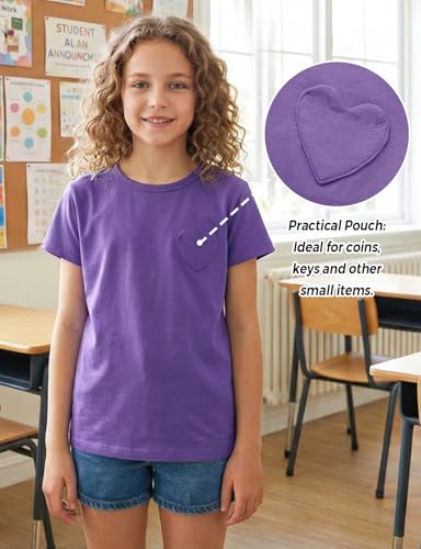 Image of Noomelfish Girls Short Sleeve Heart Pocket T-Shirts Casual Cotton Tee Tops Blouse (5-12 Years)