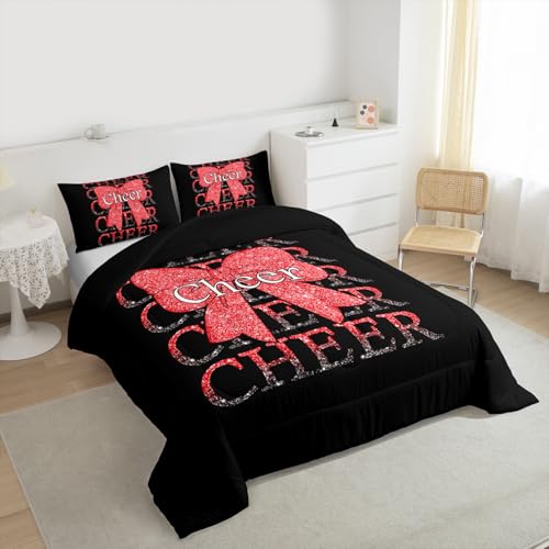 Image of Feelyou Cheer Bow Comforter Set All Season Cheerleader Bedding Set with 1 Pillow Cases Funny Sport Microfiber Kids Toddler Bedclothes Red Bedroom Decor Duvet Quilt Breathable Soft Lightweight