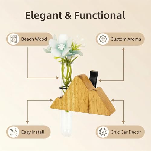 Image of Little Glass Flower Vase Air Vent Clip, Wooden Stand Car Aroma Diffuser, Car Air Vent Decor Plant Holder, Auto Interior Decorations (Beech Peak)