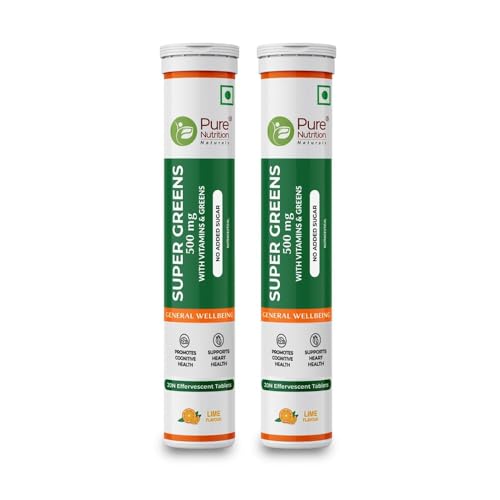 Image of Pure Nutrition Super Greens Effervescent Tablets | 40 Tabs (20x2) | 14+ Superfoods with Moringa, Spirulina & B Vitamins | Immunity, Detox & Energy Boost | Refreshing Taste, Antioxidant-Rich Formula for Overall Wellness