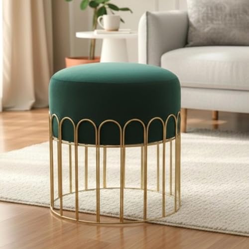 Image of Premium Gold Metal Ottoman Pouffe Stool & Footrest for Living Room & Bedroom | Bottle Green Soft & Classy Mosha Fabric with Arch Frame | 18 inch Height | Luxury Multipurpose Furniture & Home Decor