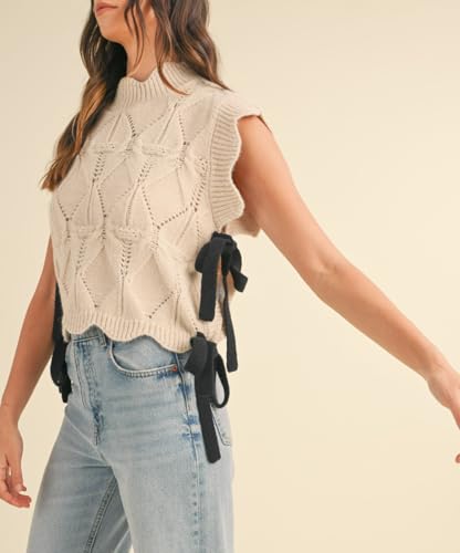 Image of Women Side Tie Sweater Vest Scallop Trim Mock Neck Knit Vest Bow Lace Up Ribbon Sweater Tank Top Knitwear
