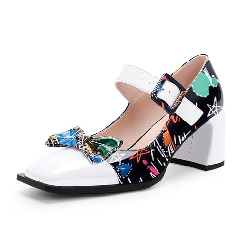 Women's Bow Block High Heel Mary Janes Shoes Buckle Strap Square Toe Pumps