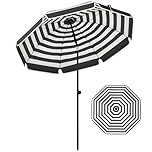Outsunny 1.8 m Beach Umbrella Parasol with Sand Anchor, Portable 30° Tilting Patio Sun Shade with Adjustable Height, Carry Bag, UV Protection, Striped Design, Grey/White