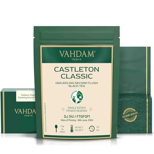Image of VAHDAM 2025 Castleton Classic Darjeeling Second Flush Black Tea DJ 354, Loose Leaf FTGFOP1 Summer Flush Tea, Crisp Mellow Toasty Notes, Medium Caffeine, Vacuum Packed, 50 Cups
