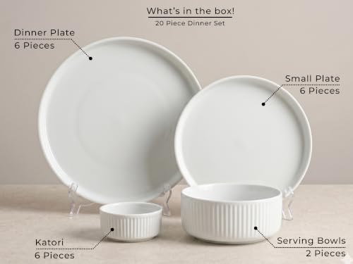 Image of Bodhi House 20-Piece Ribbed Porcelain Dinnerware Set for 6 with Dinner Plates, Quarter Plates, Katori & Serving Bowls, Chip Resistant, Lightweight, Microwave & Dishwasher Safe Crockery Set