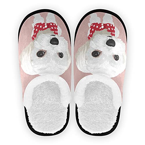 Dussdil Maltese Dog Puppy Womens Mens Slippers White Stars Home Spa Slippers Memory Foam Closed Toe Slipper Non Slip for House Hotel Bedroom Travel Shoes M