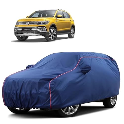 Image of Sulfar 100% Water Resistant Car Body Cover Compatible with Mirror for Volkswagen Taigun (Triple Stitched, Full Bottom Elastic, Blue Tafetta with Red Piping)