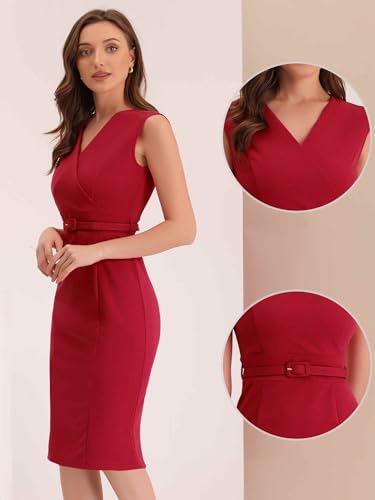 Image of Allegra K Business Dress for Women's Pencil Sheath Work Dress | V Neck Knee-Length Sleeveless Dress With Belted