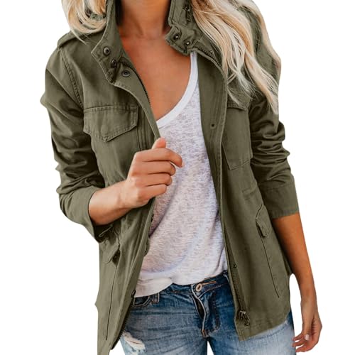 ZEHENG Chaqueta Militar Mujer, Chaqueta Utilitaria para Mujer, Chaqueta Vaquera, Cuello Alto, Ligera, con Múltiples Bolsillos (Ejercito Verde, 4XL)