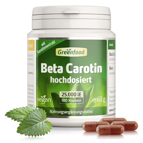 Beta Carotin, hochdosiert, 25.000 iE (30mg) - 180 Kapseln, vegan. Vorstufe von Vitamin A – gut für Sehkraft, Haut & natürliche Bräune - OHNE künstliche Zusätze - laborgeprüft. Von Greenfood.