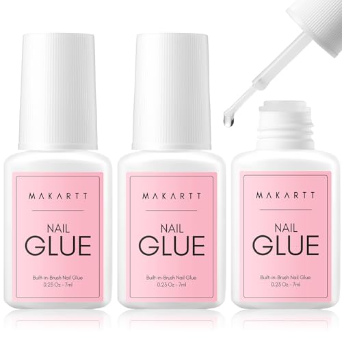 Makartt Super Strong Nail Glue for Acrylic Nails: 7ML 3 Pcs Brush on Nail Glue for Nail Tips Press On Nails Ultra Quick No UV Lamp Long-Lasting Hold for Nail Tips Quick At-Home Manicure