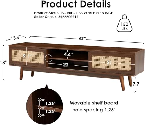 Image of Space Galaxy Sheesham Wood TV Unit Stand for Living Room | Wooden Entertainment Console Cabinet with 2 Rattan Cane Doors & Shelf Storage | Free Standing TV Table for Home, Walnut (63x15.6x18 Inch)
