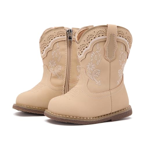 BMCiTYBM Baby Girl Cowgirl Cowboy Boots Infant Boy Western Boots Toddler Round Toe Riding Mid Calf Boots All Seasons for 6 9 12 18 24 Months Beige Size 4 Toddler