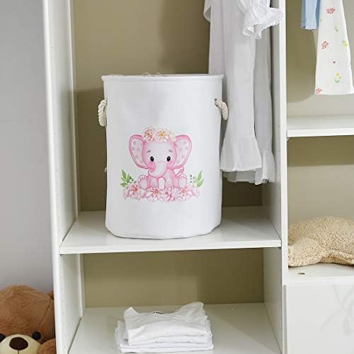 INough Laundry Baskets Kids Laundry Hamper, Pink Baby Hamper Elephant Basket Large Collapsible Kids Hamper with Handles Waterproof Round Linen Storage Basket for Toddler/ Girls (Pink Elephant)