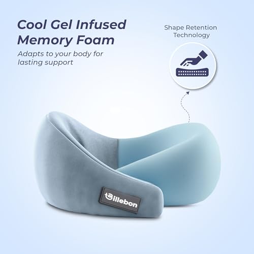Image of Billebon Gel Infused Memory Foam Neck Pillow, Travel Pillow with Adjustable Velcro Straps, Neck Pillow for Travelling & Flight Travel, Ergonomic Support for Comfort & Pain Relief(Grey Combo)