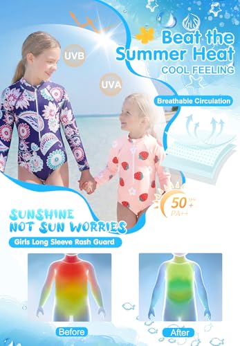 Image of Zando UPF50+ Girls Long Sleeve One Piece Swimsuit with Zipper - Rash Guard for Teens Toddler Kids 2-15 Years