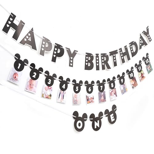 Cartel de primer cumpleaños con diseño de ratón blanco y negro, decoración de primer cumpleaños, decoración de primer cumpleaños, decoración de pastel de fiesta de ratón, accesorios de fotos, juego de